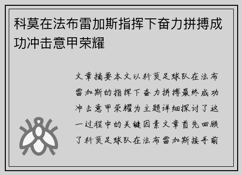 科莫在法布雷加斯指挥下奋力拼搏成功冲击意甲荣耀