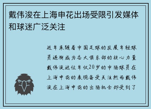 戴伟浚在上海申花出场受限引发媒体和球迷广泛关注