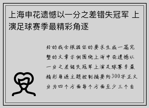 上海申花遗憾以一分之差错失冠军 上演足球赛季最精彩角逐